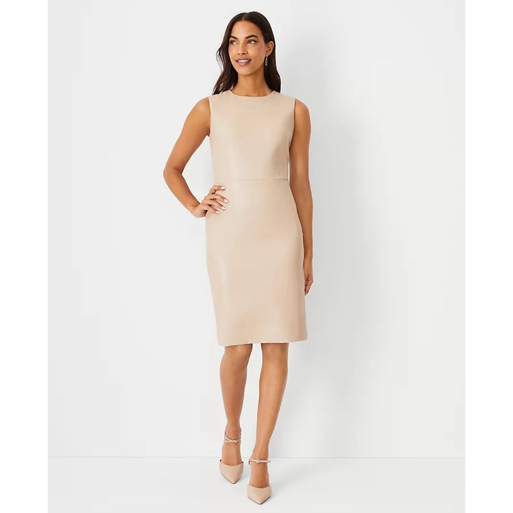 Ann Taylor Tan Faux Leather Sheath Dress Sleeveless Lined Size 16 New $169